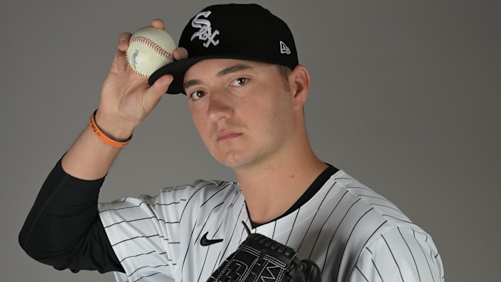 Chicago White Sox pitcher Owen White (57) poses for a photo on media day at the team’s spring training facility in Glendale, AZ.  