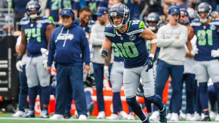 Sep 7, 2025; Seattle, Washington, USA; Seattle Seahawks wide receiver Cooper Kupp (10) goes in motion against the San Francisco 49ers during the fourth quarter at Lumen Field. 