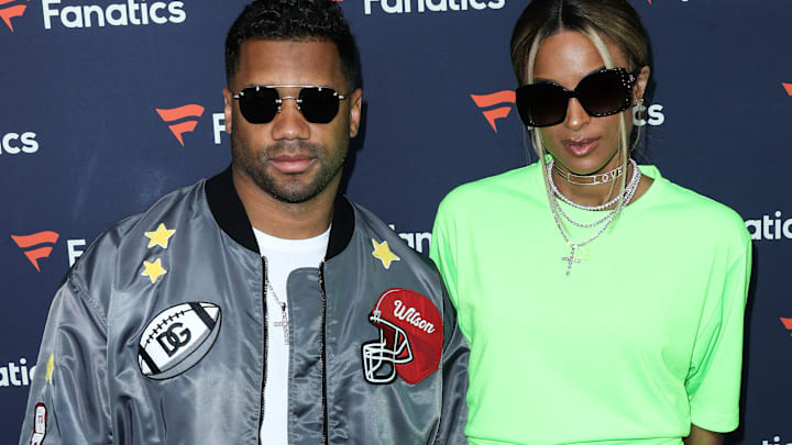Football quarterback Russell Wilson and wife/American singer Ciara Princess Wilson arrive at Michael Rubin's Fanatics Super Bowl Party.
