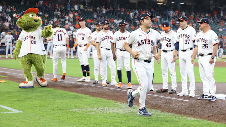 Oct 1, 2024; Houston, Texas, USA; Houston Astros starting pitcher Yusei Kikuchi (16) is introduced before playing against the Detroit Tigers in game one of the Wild Card round for the 2024 MLB Playoffs at Minute Maid Park. Oct 1, 2024; Houston, Texas, USA; Houston Astros starting pitcher Yusei Kikuchi (16) is introduced before playing against the Detroit Tigers in game one of the Wild Card round for the 2024 MLB Playoffs at Minute Maid Park.