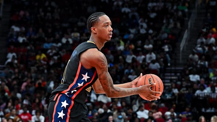 Mar 28, 2023; Houston, TX, USA; McDonald's All American West forward Ron Holland (1) in action during the first half against the McDonald's All American East at Toyota Center. Mandatory Credit: Maria Lysaker-Imagn Images