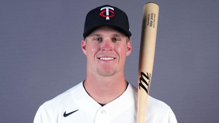 Feb 19, 2026; Lee County, FL, USA; Minnesota Twins center fielder Walker Jenkins (75) poses during photo day at Hammond Stadium. Mandatory Credit: Jim Rassol-Imagn Images