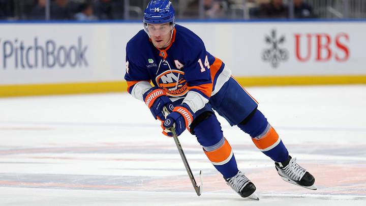 Mar 22, 2026; Elmont, New York, USA; New York Islanders center Bo Horvat (14) skates with the puck against the Columbus Blue Jackets during the second period at UBS Arena. Mandatory Credit: Brad Penner-Imagn Images