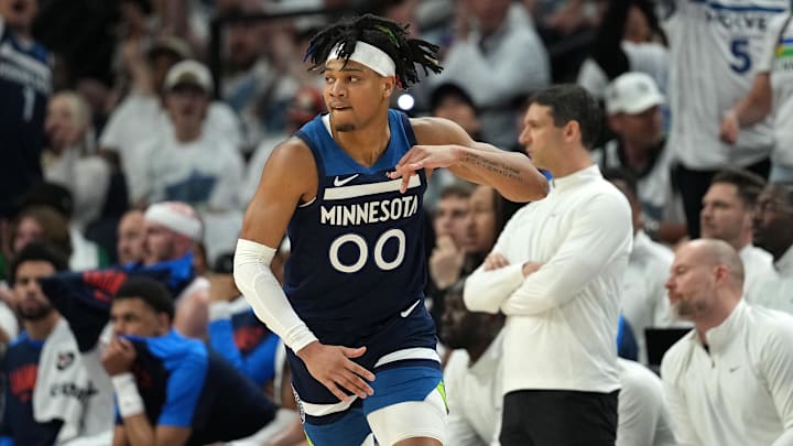 May 26, 2025; Minneapolis, Minnesota, USA; Minnesota Timberwolves guard Terrence Shannon Jr. (00) reacts against the Oklahoma City Thunder in the first half during game four of the western conference finals for the 2025 NBA Playoffs at Target Center. May 26, 2025; Minneapolis, Minnesota, USA; Minnesota Timberwolves guard Terrence Shannon Jr. (00) reacts against the Oklahoma City Thunder in the first half during game four of the western conference finals for the 2025 NBA Playoffs at Target Center.