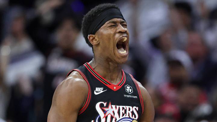 Mar 23, 2026; Philadelphia, Pennsylvania, USA; Philadelphia 76ers guard Vj Edgecombe (77) reacts after his three pointer against the Oklahoma City Thunder during the fourth quarter at Xfinity Mobile Arena. Mandatory Credit: Bill Streicher-Imagn Images