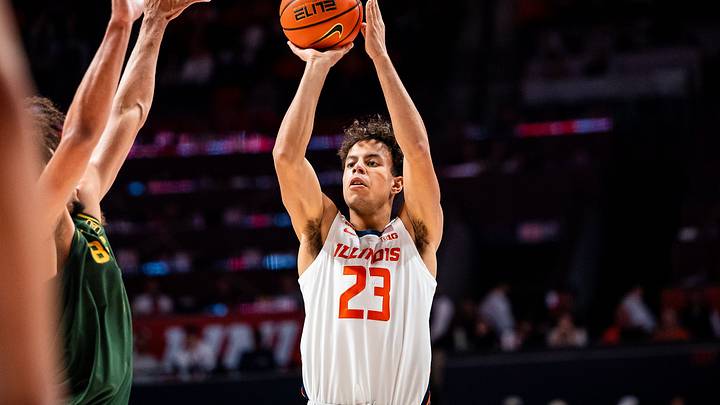 Illinois guard Lucas Morillo elevates for a shot against Baylor in the Illini's 95-91 exhibition loss against the Bears on Friday at the State Farm Center in Champaign, Illinois.