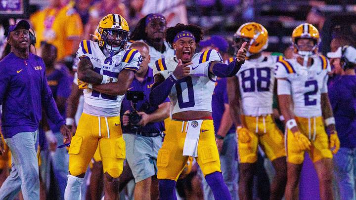 Sep 5, 2026; Baton Rouge, Louisiana, USA;  LSU Tigers wide receiver Phillip Wright III (15) and safety Tamarcus Cooley (0) react to a touchdown against Clemson Tigers during the second half at Tiger Stadium.  Mandatory Credit: Stephen Lew-Imagn Images