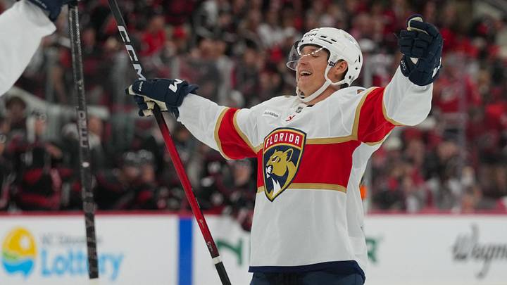 Florida Panthers Gustav Forsling (42) reacts after scoring the game-winning goal in overtime against the Carolina Hurricanes at Lenovo Center. Mandatory Credit: James Guillory-Imagn Images Florida Panthers Gustav Forsling (42) reacts after scoring the game-winning goal in overtime against the Carolina Hurricanes at Lenovo Center. Mandatory Credit: James Guillory-Imagn Images