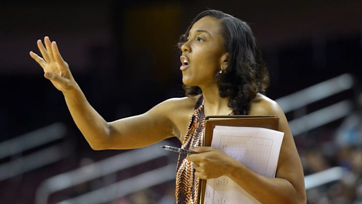 Nov 21, 2012; Los Angeles, CA, USA; Southern California Trojans assistant coach Tai Dillard reacts during the game against the Arkansas State Red Wolves at the Galen Center. USC defeated Arkansas State 72-58. Mandatory Credit: Kirby Lee/Image of Sport-Imagn Images