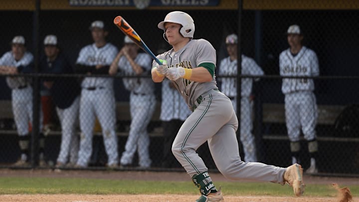 Apr 24, 2024; Succasunna, NJ, USA; Morris Knolls baseball at Roxbury. MK #10 Luke Dickerson.