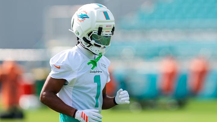 Miami Dolphins wide receiver Jalen Tolbert (1) works during practice at Baptist Health Training Complex. Miami Dolphins wide receiver Jalen Tolbert (1) works during practice at Baptist Health Training Complex.