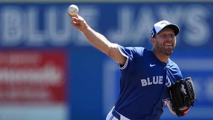 Mar 2, 2025; Dunedin, Florida, USA; Toronto Blue Jays pitcher Max Scherzer (31) throws a pitch against the Philadelphia Phillies in the second inning during spring training at TD Ballpark.