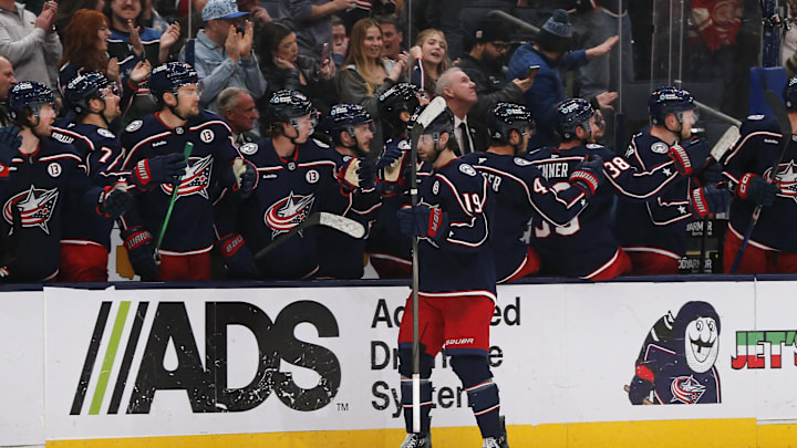 Feb 25, 2025; Columbus, Ohio, USA; Columbus Blue Jackets center Adam Fantilli (19) celebrates his goal against the Dallas Stars during the third period at Nationwide Arena. Mandatory Credit: Russell LaBounty-Imagn Images