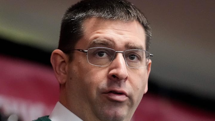 Reds president of baseball operations, Nick Krall, answers questions from the audience during a Reds on Radio affiliates luncheon at Great American Ballpark in downtown Cincinnati on Wednesday, Jan. 24, 2024.