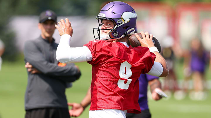 Jul 29, 2025; Eagan, MN, USA; Minnesota Vikings quarterback J.J. McCarthy (9) takes part in drills during the teams training camp at the Minnesota Vikings Training Facility. Mandatory Credit: Matt Krohn-Imagn Images Jul 29, 2025; Eagan, MN, USA; Minnesota Vikings quarterback J.J. McCarthy (9) takes part in drills during the teams training camp at the Minnesota Vikings Training Facility. Mandatory Credit: Matt Krohn-Imagn Images