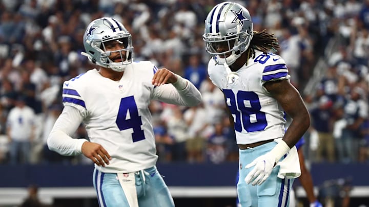 Oct 10, 2021; Arlington, Texas, USA; Dallas Cowboys receiver Cee Dee Lamb (88) celebrates his second Oct 10, 2021; Arlington, Texas, USA; Dallas Cowboys receiver Cee Dee Lamb (88) celebrates his second