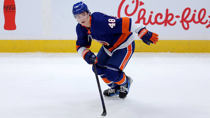 Oct 11, 2025; Elmont, New York, USA; New York Islanders defenseman Matthew Schaefer (48) skates against the Washington Capitals during the third period at UBS Arena. Mandatory Credit: Brad Penner-Imagn Images
