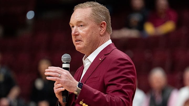 Florida State University Athletic Director Michael Alford gives brief remarks about Florida State Seminoles head coach Leonard Hamilton following his final home game before retirement. The Florida State Seminoles defeated the Southern Methodist Mustangs 76-69 on Saturday, March 8, 2025.