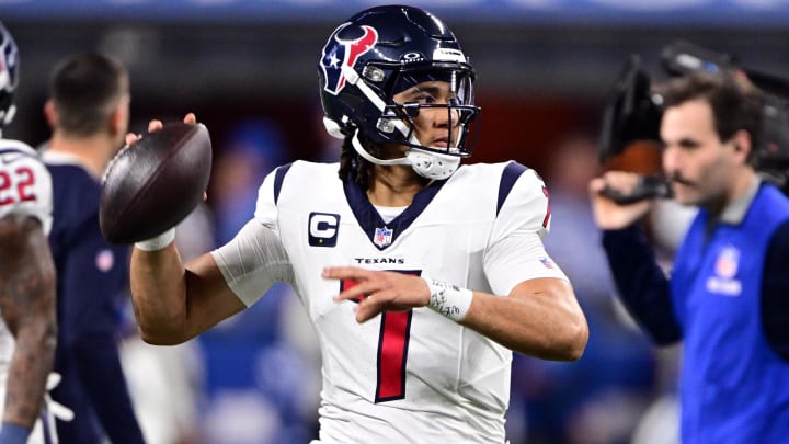Jan 6, 2024; Indianapolis, Indiana, USA; Houston Texans quarterback C.J. Stroud (7) throws a pass to warm up before a game against the Indianapolis Colts at Lucas Oil Stadium. Jan 6, 2024; Indianapolis, Indiana, USA; Houston Texans quarterback C.J. Stroud (7) throws a pass to warm up before a game against the Indianapolis Colts at Lucas Oil Stadium.