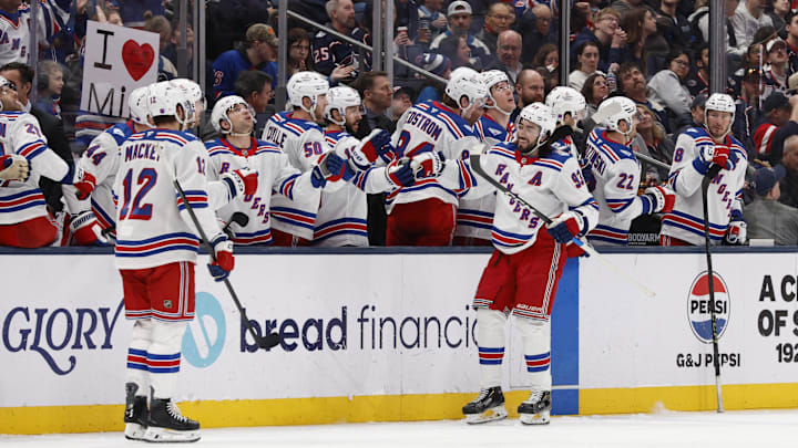 Mar 19, 2026; Columbus, Ohio, USA; New York Rangers center Mika Zibanejad (93) celebrates his goal against the Columbus Blue Jackets during the second period at Nationwide Arena. Mandatory Credit: Russell LaBounty-Imagn Images Mar 19, 2026; Columbus, Ohio, USA; New York Rangers center Mika Zibanejad (93) celebrates his goal against the Columbus Blue Jackets during the second period at Nationwide Arena. Mandatory Credit: Russell LaBounty-Imagn Images