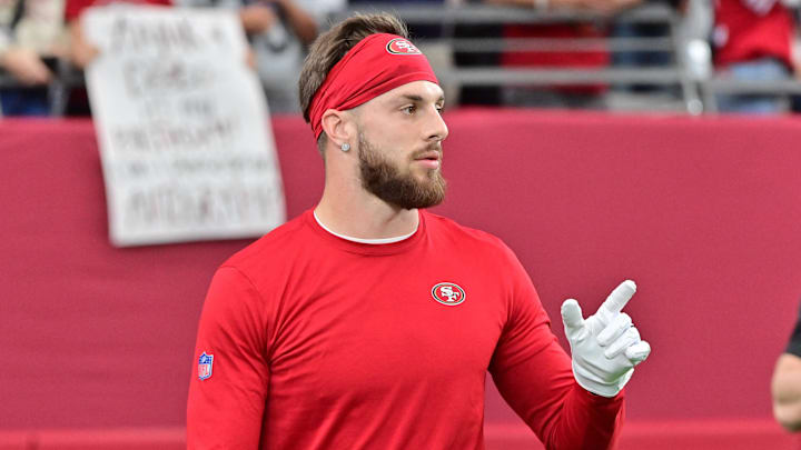 Jan 5, 2025; Glendale, Arizona, USA; San Francisco 49ers wide receiver Ricky Pearsall (14) looks on prior to the game against the Arizona Cardinals at State Farm Stadium. Mandatory Credit: Matt Kartozian-Imagn Images