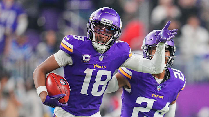 Nov 3, 2024; Minneapolis, Minnesota, USA; Minnesota Vikings wide receiver Justin Jefferson (18) celebrates catching the onside kick against the Indianapolis Colts in the fourth quarter at U.S. Bank Stadium. Mandatory Credit: Brad Rempel-Imagn Images