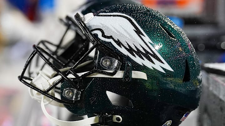 Nov 20, 2023; Kansas City, Missouri, USA; A general view of a Philadelphia Eagles helmet against the Kansas City Chiefs prior to a game at GEHA Field at Arrowhead Stadium.