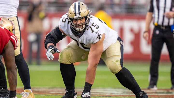 November 27, 2022; Santa Clara, California, USA; New Orleans Saints guard Andrus Peat (75) during