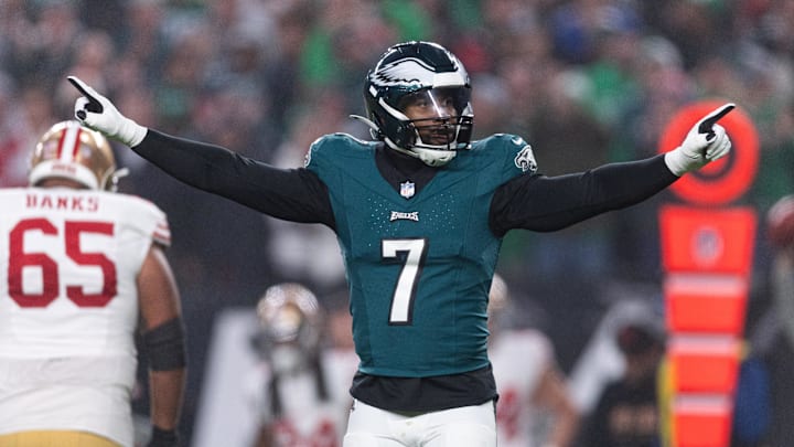 Philadelphia Eagles linebacker Haason Reddick (7) reacts after a defensive stop against the San Francisco 49ers 