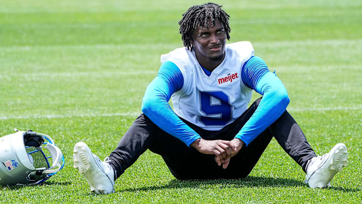 Detroit Lions cornerback Ennis Rakestraw Jr. stretches after practice during OTAs at Meijer Performance Center in Allen Park on Friday, May 30, 2025.