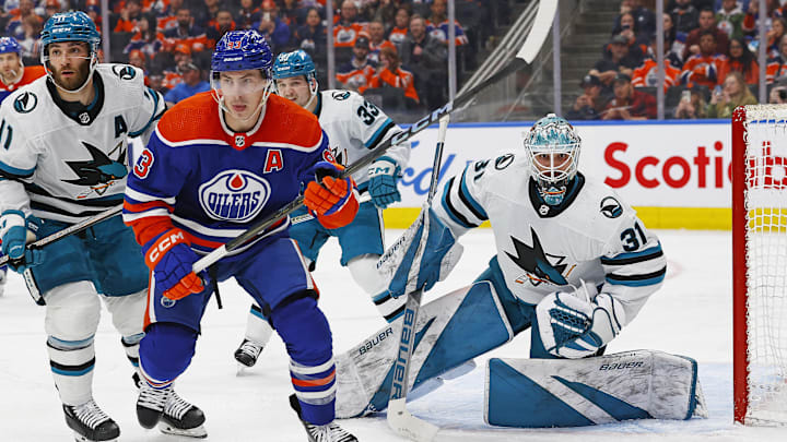Apr 15, 2024; Edmonton, Alberta, CAN; Edmonton Oilers forward Ryan Nugent-Hopkins (93) and San Jose