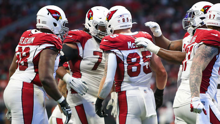 Jan 1, 2023; Atlanta, Georgia, USA; Arizona Cardinals tight end Trey McBride (85) celebrates with