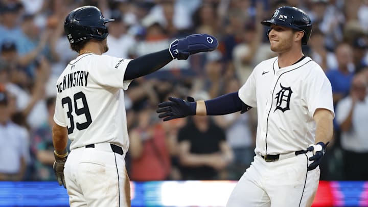 Jul 8, 2025; Detroit, Michigan, USA; Detroit Tigers designated hitter Colt Keith (33) receives congratulations from third baseman Zach McKinstry (39) after he hits a two run home run in the seventh inning against the Tampa Bay Rays at Comerica Park Jul 8, 2025; Detroit, Michigan, USA; Detroit Tigers designated hitter Colt Keith (33) receives congratulations from third baseman Zach McKinstry (39) after he hits a two run home run in the seventh inning against the Tampa Bay Rays at Comerica Park