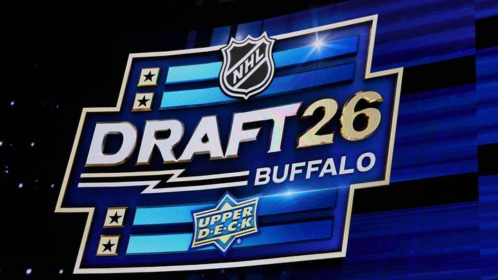 Jun 26, 2026; Buffalo, New York, USA; The logo for the NHL draft during the first round at KeyBank Center. Mandatory Credit: Timothy T. Ludwig-Imagn Images