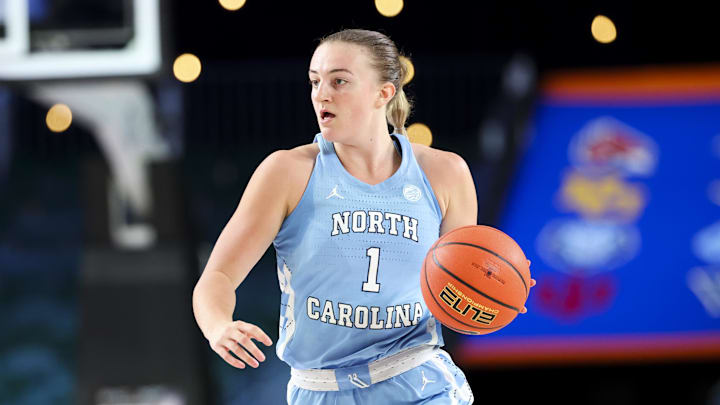 Nov 25, 2024; Paradise Island, Bahamas, BHS; North Carolina Tar Heels guard Alyssa Ustby (1) dribbles during the second half against the Indiana Hoosiers at the Atlantis Resort. Mandatory Credit: Kevin Jairaj-Imagn Images