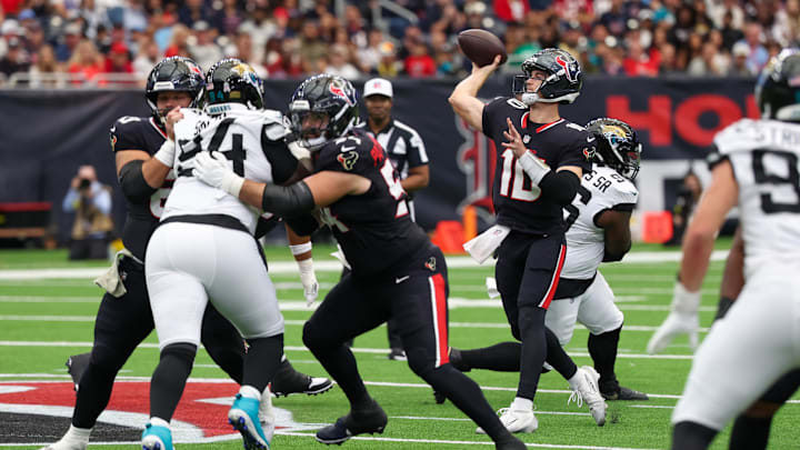 Nov 9, 2025; Houston, Texas, USA; Houston Texans quarterback Davis Mills (10) throws from the pocket against the Jacksonville Jaguars during the second half at NRG Stadium. Mandatory Credit: Thomas Shea-Imagn Images
