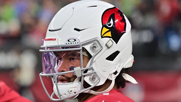 Jan 7, 2024; Glendale, Arizona, USA; Arizona Cardinals quarterback Kyler Murray (1) looks on prior Jan 7, 2024; Glendale, Arizona, USA; Arizona Cardinals quarterback Kyler Murray (1) looks on prior