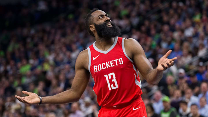 Apr 23, 2018; Minneapolis, MN, USA; Houston Rockets guard James Harden (13) reacts to a call in the third quarter against Minnesota Timberwolves in game four of the first round of the 2018 NBA Playoffs at Target Center. Mandatory Credit: Brad Rempel-Imagn Images