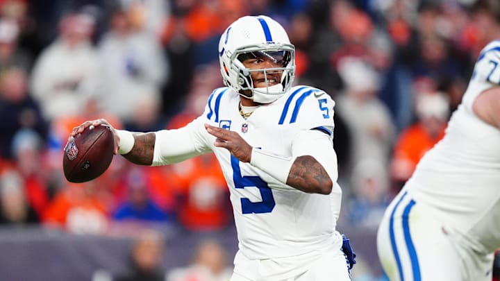Dec 15, 2024; Denver, Colorado, USA; Indianapolis Colts quarterback Anthony Richardson (5) prepares to pass the ball in the second half against the Denver Broncos at Empower Field at Mile High. Dec 15, 2024; Denver, Colorado, USA; Indianapolis Colts quarterback Anthony Richardson (5) prepares to pass the ball in the second half against the Denver Broncos at Empower Field at Mile High.