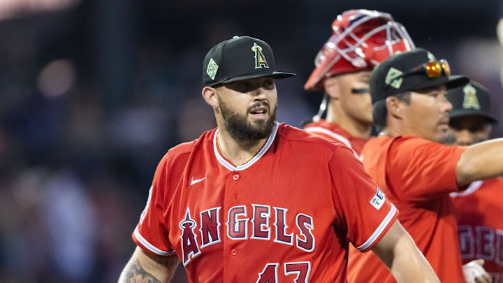 Mar 17, 2026; Mesa, Arizona, USA; Los Angeles Angels pitcher Alek Manoah reacts after being pulled against the Chicago Cubs during a spring training game at Sloan Park. Mandatory Credit: Mark J. Rebilas-Imagn Images