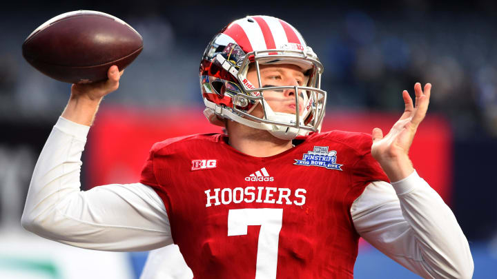 Indiana Hoosiers quarterback Nate Sudfeld (7) warms up prior to the 2015 New Era Pinstripe Bowl against the Duke Blue Devils at Yankee Stadium. Indiana Hoosiers quarterback Nate Sudfeld (7) warms up prior to the 2015 New Era Pinstripe Bowl against the Duke Blue Devils at Yankee Stadium.