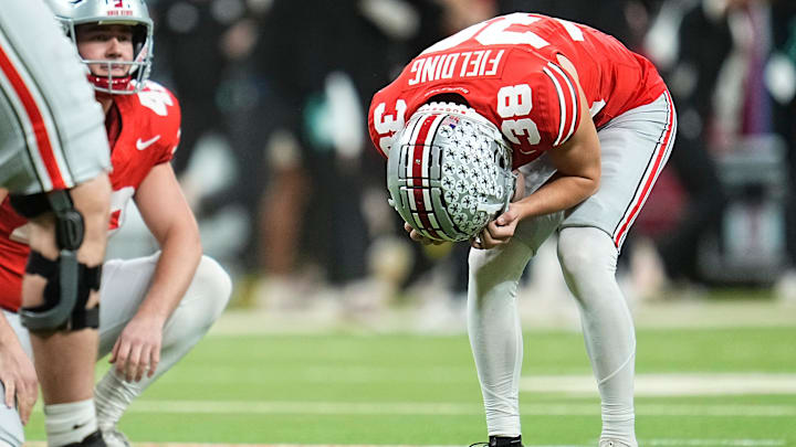 Ohio State Buckeyes kicker Jayden Fielding (38) reacts following a missed field goal during the Big Ten Conference championship game against the Indiana Hoosiers at Lucas Oil Stadium in Indianapolis on Dec. 6, 2025. Ohio State lost 13-10. Ohio State Buckeyes kicker Jayden Fielding (38) reacts following a missed field goal during the Big Ten Conference championship game against the Indiana Hoosiers at Lucas Oil Stadium in Indianapolis on Dec. 6, 2025. Ohio State lost 13-10.