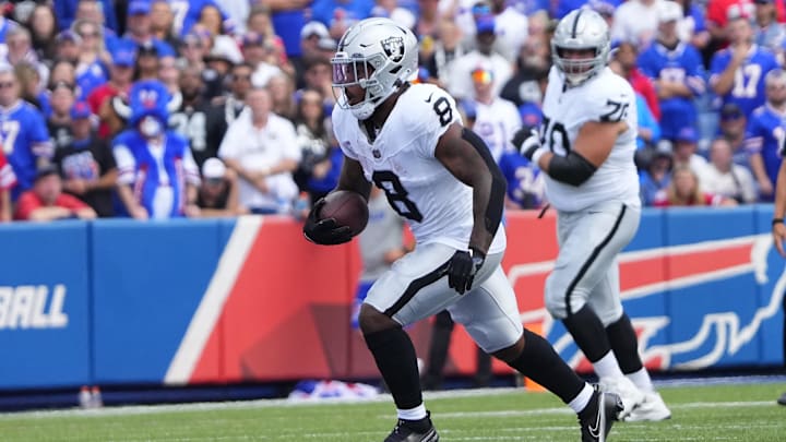 Sep 17, 2023; Orchard Park, New York, USA; Las Vegas Raiders running back Josh Jacobs (8) runs with