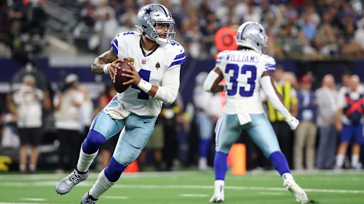 Dallas Cowboys quarterback Dak Prescott looks to pass against the Green Bay Packers.