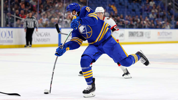 Mar 27, 2024; Buffalo, New York, USA;  Buffalo Sabres right wing Alex Tuch (89) takes a shot on goal during the first period against the Ottawa Senators at KeyBank Center. Mandatory Credit: Timothy T. Ludwig-Imagn Images