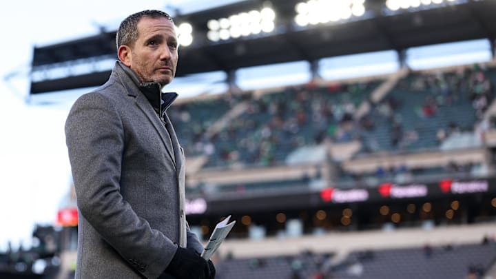 Jan 11, 2026; Philadelphia, PA, USA; Philadelphia Eagles general manager Howie Roseman looks on during warmups prior to an NFC Wild Card Round game against the San Francisco 49ers at Lincoln Financial Field. Mandatory Credit: Bill Streicher-Imagn Images