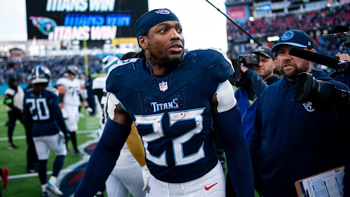 Tennessee Titans running back Derrick Henry (22) exits the field after defeating Jacksonville Jaguars 28-20 at Nissan Stadium in Nashville, Tenn., Sunday, Jan. 7, 2024.