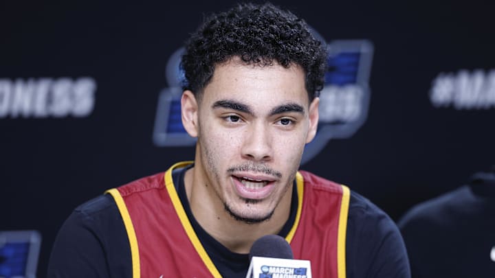 Mar 26, 2026; Chicago, IL, USA; Iowa State Cyclones guard Tamin Lipsey (3) speaks ahead of the Midwest regional of the men's 2026 NCAA Tournament at United Center.