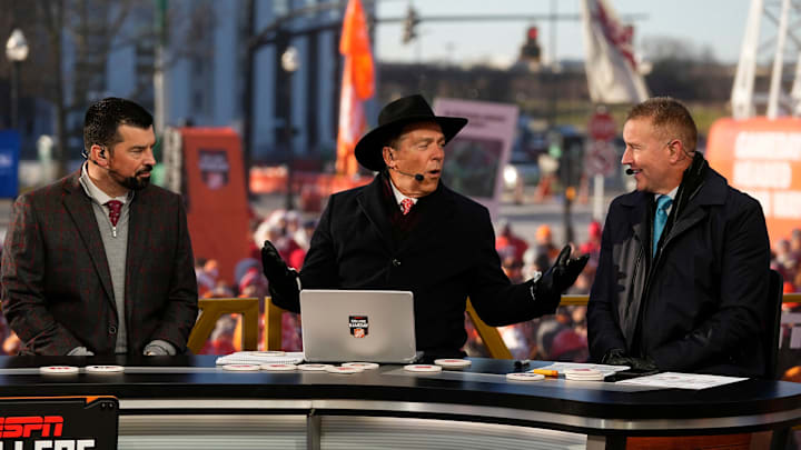 Ohio State head coach Ryan Day sits with Nick Saban and Kirk Herbstreit on the set of ESPN College GameDay prior to the College Football Playoff first round game between the Ohio State Buckeyes and Tennessee Volunteers in Columbus on Dec. 21, 2024.