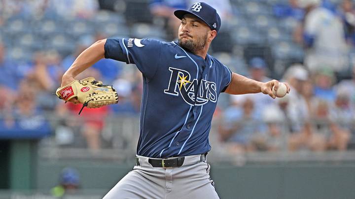 Jul 1, 2026; Kansas City, Missouri, USA;  Tampa Bay Rays starting pitcher Shane McClanahan (18) throws a pitch in the first inning against the Kansas City Royals at Kauffman Stadium. Mandatory Credit: Peter Aiken-Imagn Images